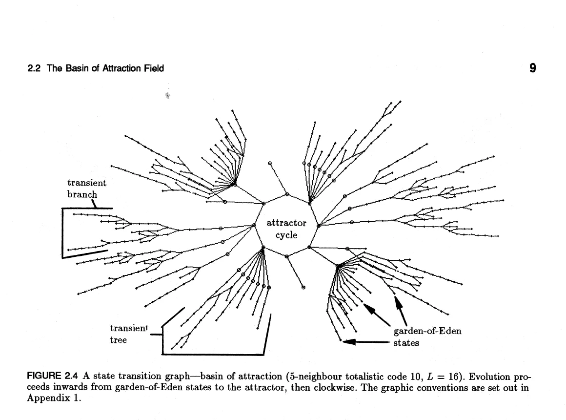 Primary-source scan of Figure 2.4 from Wuensche and Lesser, showing a state transition graph for a basin of attraction.